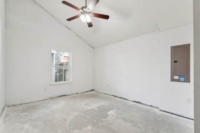 empty room featuring high vaulted ceiling, ceiling fan, and electric panel