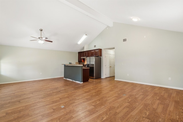 unfurnished living room featuring ceiling fan, beam ceiling, high vaulted ceiling, and light hardwood / wood-style flooring