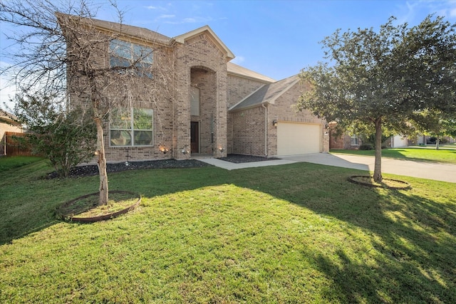 view of front of house featuring a front lawn, an attached garage, brick siding, and concrete driveway