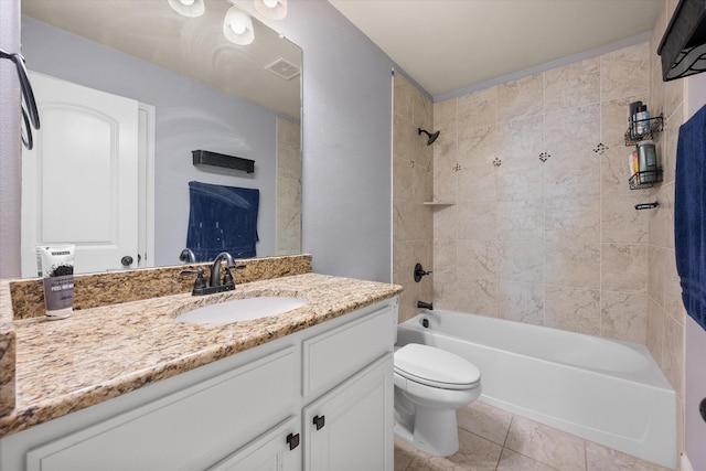 bathroom featuring tile patterned floors, toilet, vanity, shower / tub combination, and visible vents
