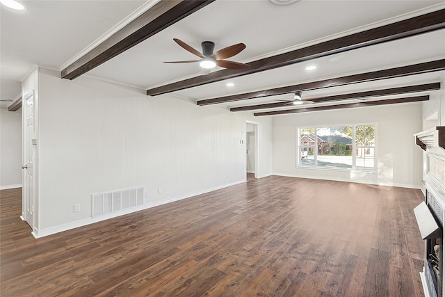 unfurnished living room featuring beam ceiling, ceiling fan, and dark hardwood / wood-style floors