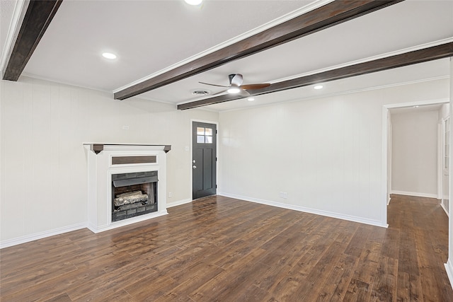 unfurnished living room with beamed ceiling, crown molding, ceiling fan, and dark wood-type flooring