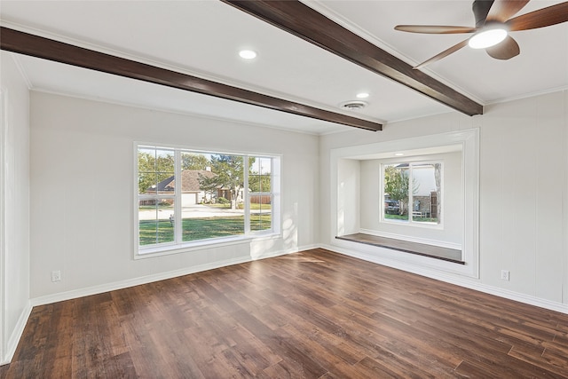 unfurnished room with dark hardwood / wood-style floors, beam ceiling, a healthy amount of sunlight, and ceiling fan