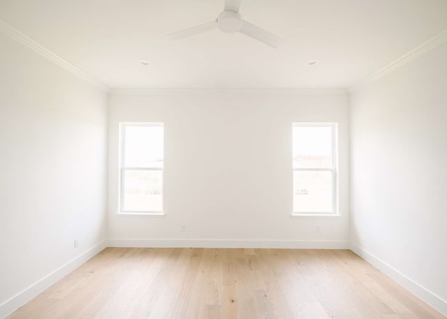 spare room with light hardwood / wood-style flooring, ceiling fan, and ornamental molding