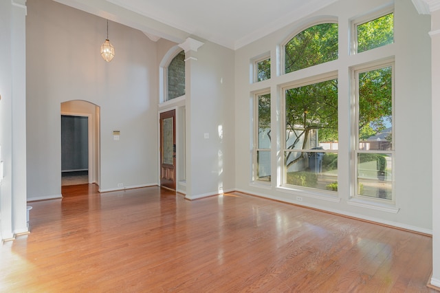 empty room with crown molding, a high ceiling, and light hardwood / wood-style flooring