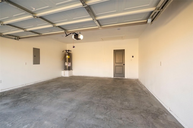 garage featuring a garage door opener, electric panel, and water heater