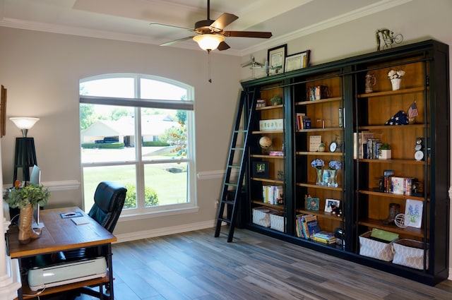 home office with hardwood / wood-style flooring, plenty of natural light, and crown molding