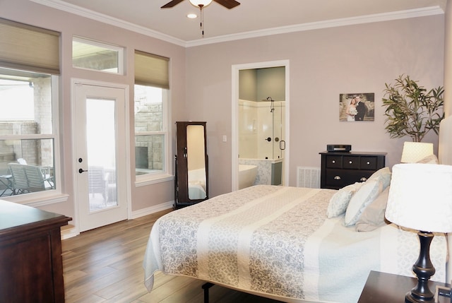 bedroom with access to outside, ceiling fan, crown molding, wood-type flooring, and connected bathroom