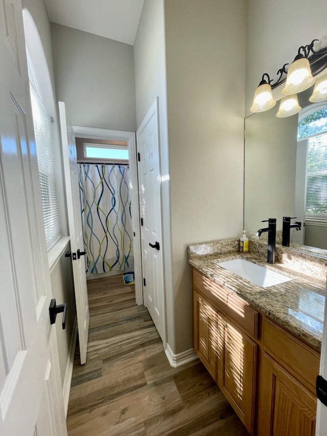 bathroom featuring wood-type flooring, vanity, and walk in shower