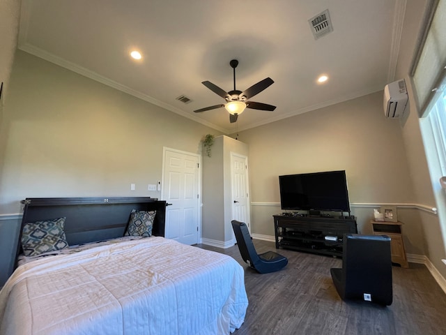 bedroom with a wall mounted AC, ornamental molding, ceiling fan, and dark wood-type flooring