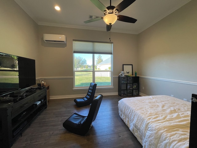 bedroom featuring a wall unit AC, ceiling fan, crown molding, and dark wood-type flooring