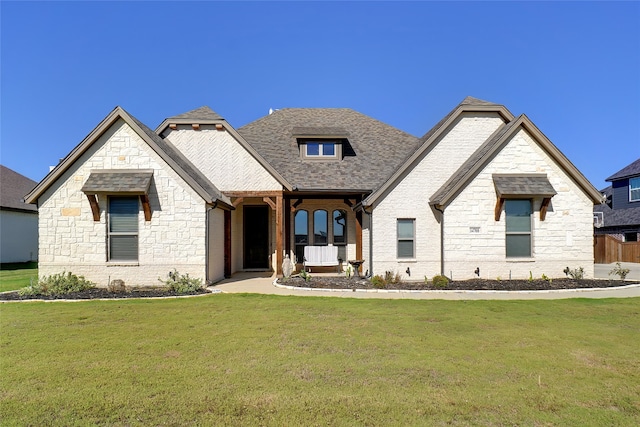 french country inspired facade featuring a front yard