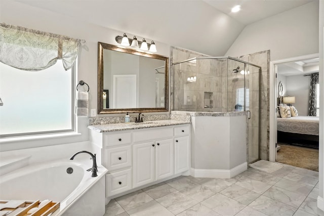 bathroom with vanity, plus walk in shower, and vaulted ceiling