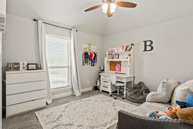 bedroom with ceiling fan and carpet floors