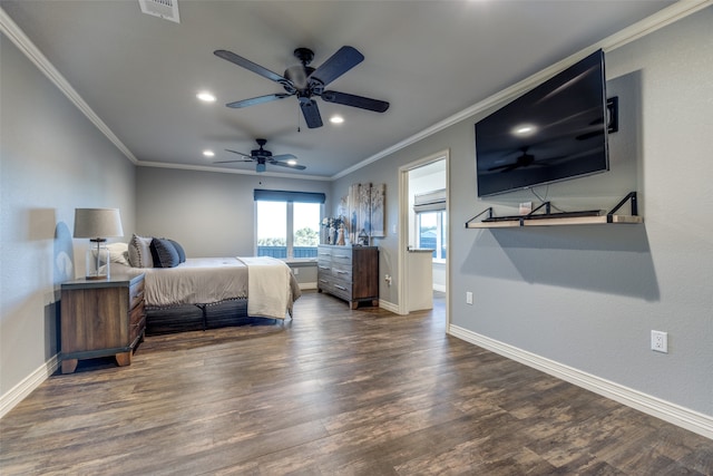 bedroom featuring ceiling fan, dark hardwood / wood-style flooring, and crown molding