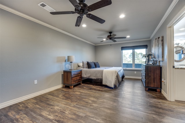 bedroom with ceiling fan, dark hardwood / wood-style floors, and crown molding