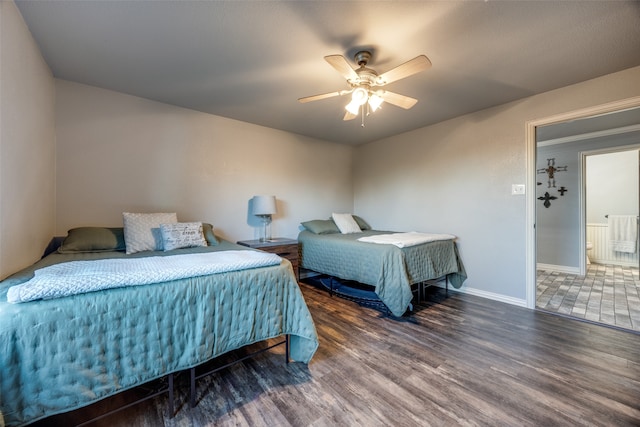 bedroom featuring dark hardwood / wood-style floors and ceiling fan