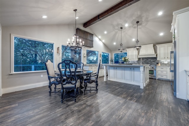 dining space with lofted ceiling with beams, a healthy amount of sunlight, and dark hardwood / wood-style flooring