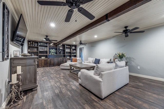 living room featuring beam ceiling, wooden ceiling, and dark wood-type flooring