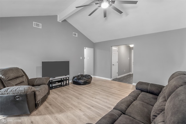 living room with beam ceiling, ceiling fan, high vaulted ceiling, and light hardwood / wood-style floors