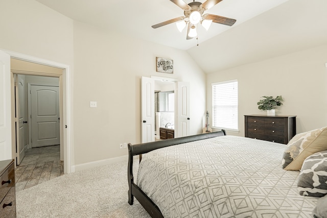 bedroom featuring ceiling fan, carpet floors, and lofted ceiling