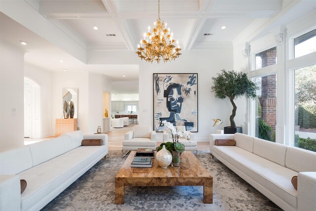 living room with light hardwood / wood-style floors, coffered ceiling, beamed ceiling, a chandelier, and built in features