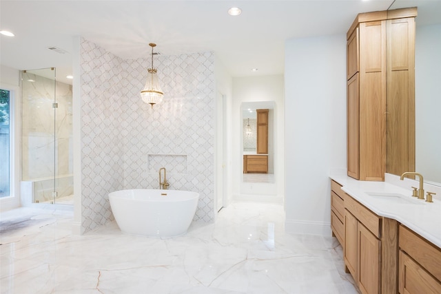 2 Manzano, Dallas, TX 75230 - bathroom featuring a marble finish shower, a soaking tub, vanity, marble tiled flooring, and recessed lighting