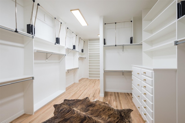 walk in closet with light hardwood / wood-style floors