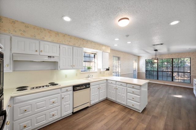 5400 Emerald Park Blvd, Arlington, TX 76017 - kitchen with white appliances, under cabinet range hood, wallpapered walls, a sink, and a textured ceiling