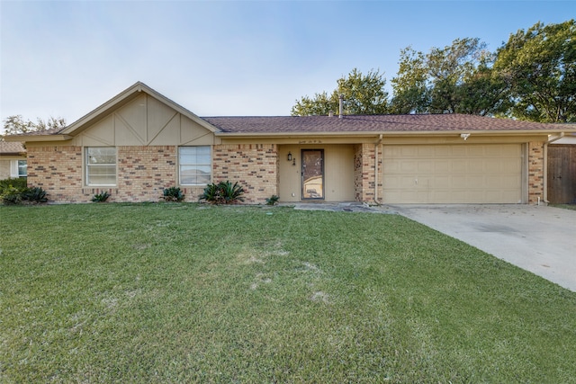 ranch-style house with a garage and a front lawn