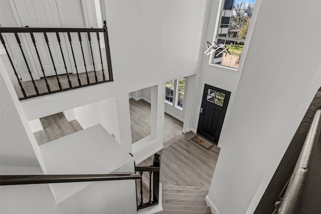 foyer entrance with hardwood / wood-style floors and a towering ceiling