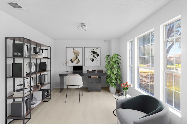 office space featuring wood-type flooring and a textured ceiling