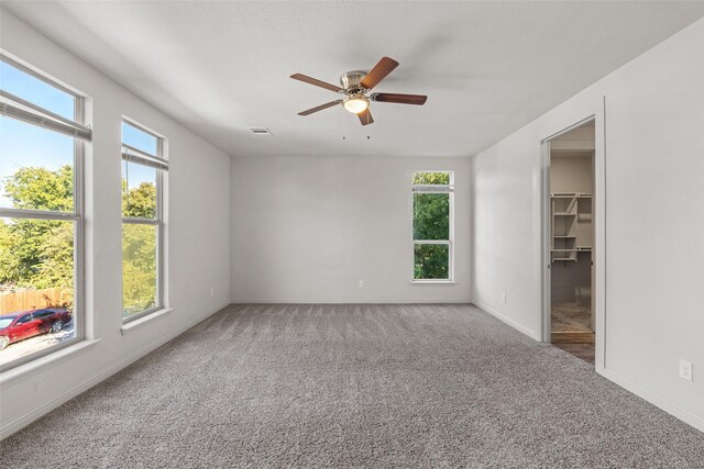 carpeted spare room with ceiling fan and plenty of natural light