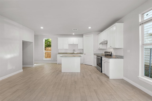 kitchen featuring a healthy amount of sunlight, light wood-type flooring, stainless steel range with electric cooktop, and sink