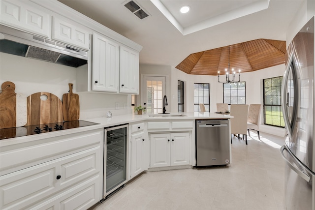 kitchen with ventilation hood, sink, appliances with stainless steel finishes, decorative light fixtures, and beverage cooler