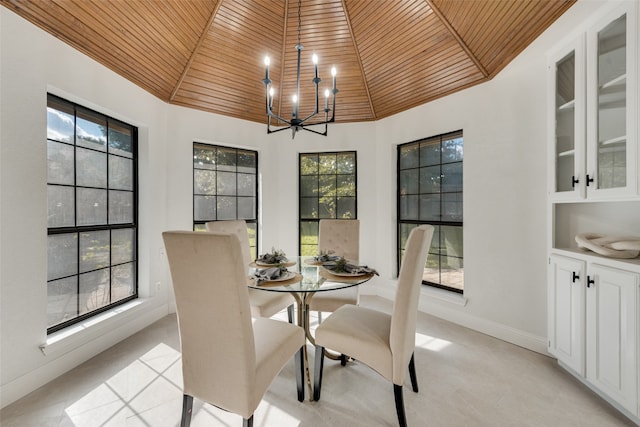 dining area featuring built in shelves, an inviting chandelier, and wooden ceiling