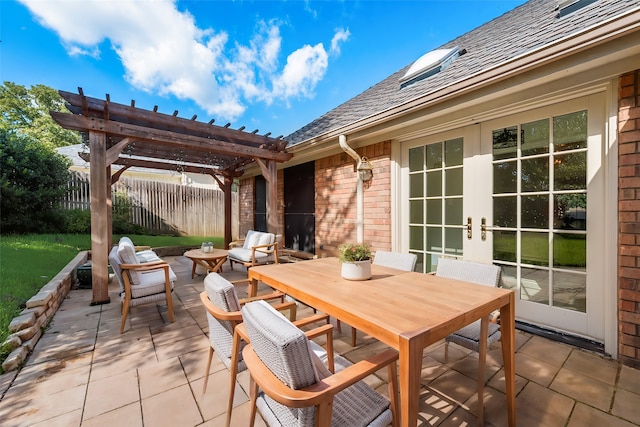 view of patio featuring a pergola, french doors, and an outdoor hangout area