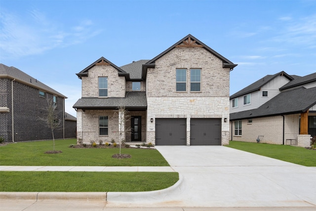 craftsman inspired home with a front lawn, an attached garage, brick siding, and driveway