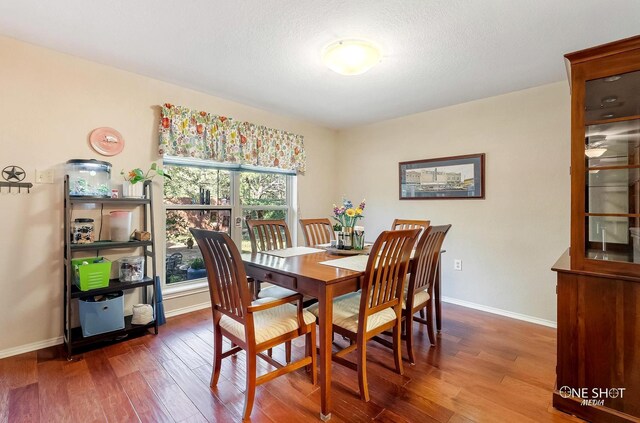 dining space featuring wood-type flooring and a textured ceiling