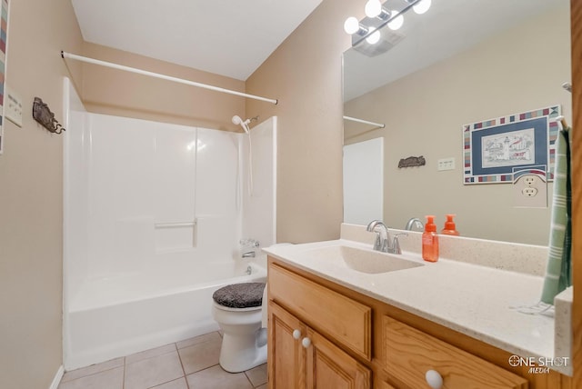 full bathroom with tile patterned flooring, vanity, toilet, and washtub / shower combination