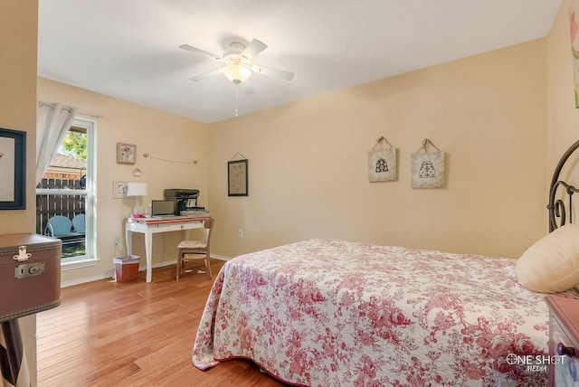 bedroom featuring ceiling fan and light wood-type flooring