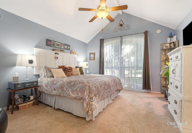 bedroom featuring ceiling fan, light carpet, and vaulted ceiling