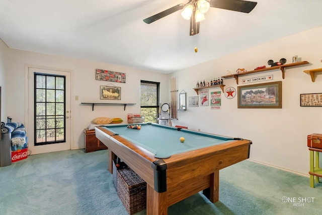 recreation room with carpet flooring, ceiling fan, and pool table