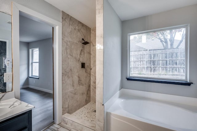 bathroom with vanity and separate shower and tub