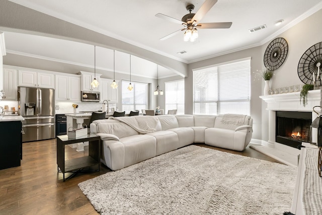 living room featuring dark wood-type flooring, crown molding, and ceiling fan with notable chandelier