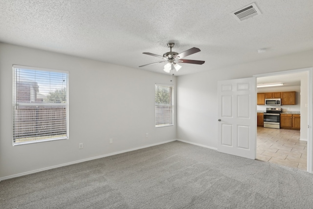 spare room with a wealth of natural light, light colored carpet, and a textured ceiling