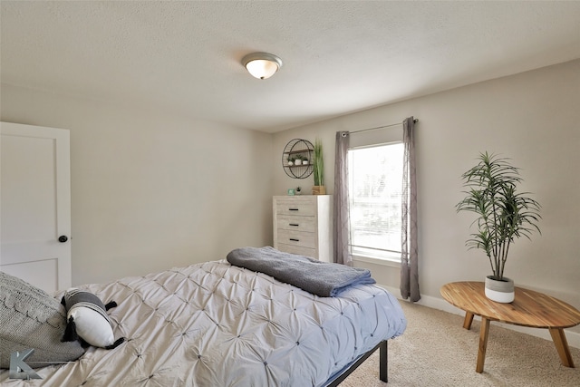 carpeted bedroom with a textured ceiling