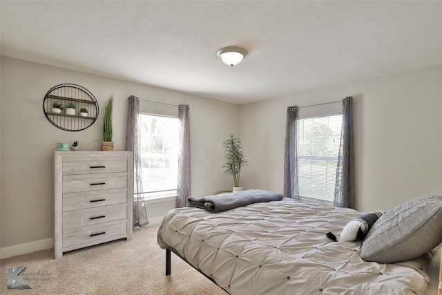 bedroom featuring a textured ceiling, light carpet, and multiple windows