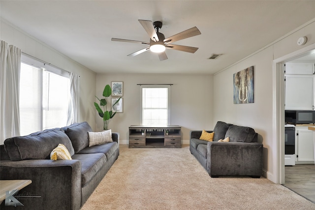 living room with ceiling fan, a healthy amount of sunlight, light wood-type flooring, and crown molding