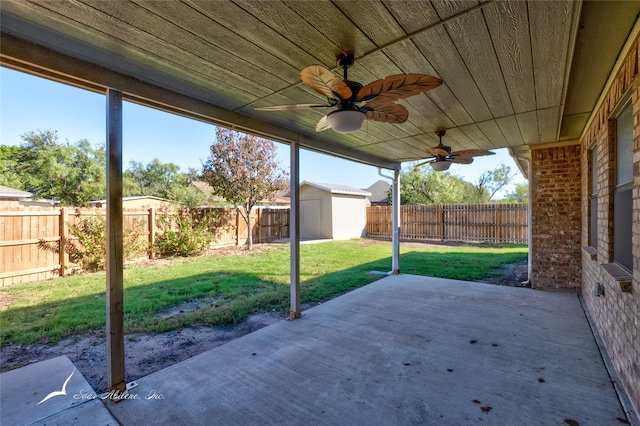 view of patio featuring a shed